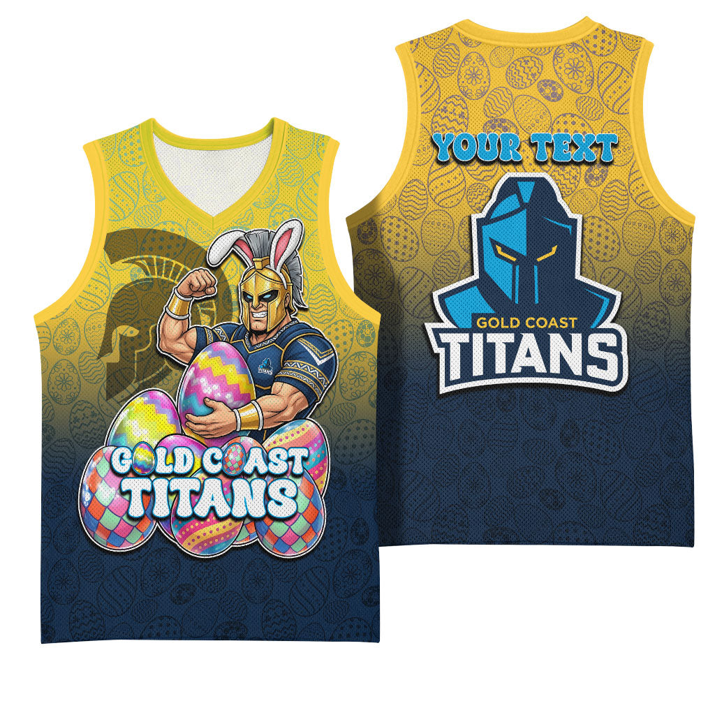 Personalized Gold Coast Titans Basketball Jersey Easter Mascot - Colorful Eggs Cartoon Style