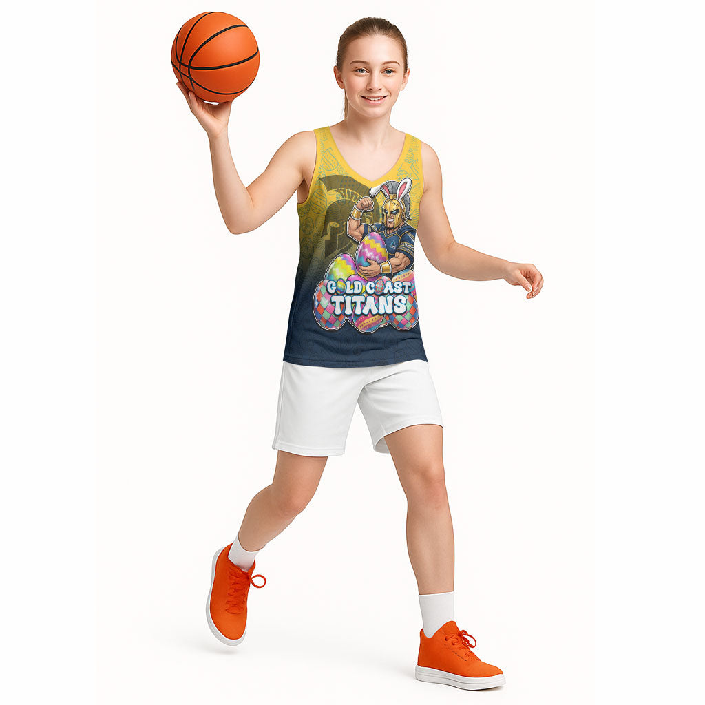 Personalized Gold Coast Titans Basketball Jersey Easter Mascot - Colorful Eggs Cartoon Style