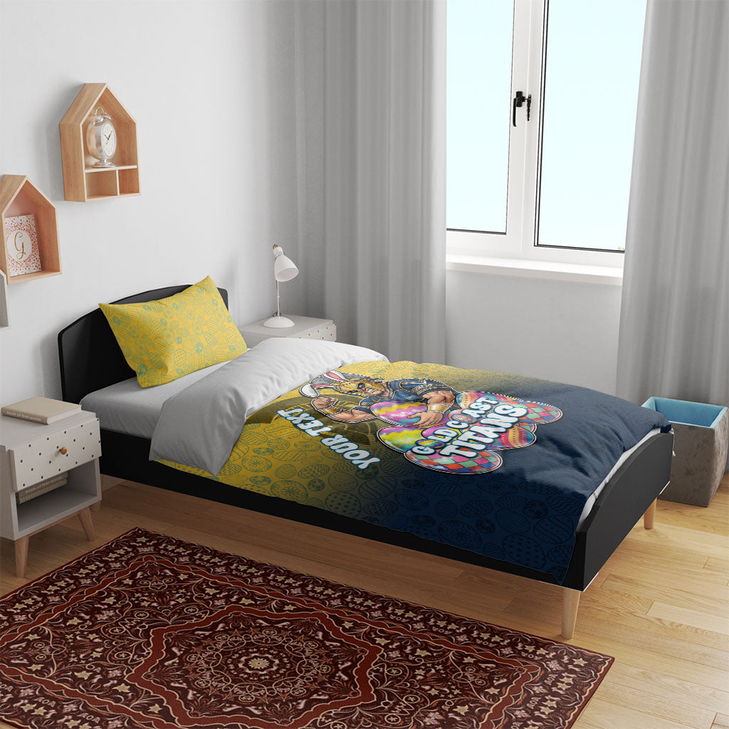 Personalized Gold Coast Titans Bedding Set Easter Mascot - Colorful Eggs Cartoon Style