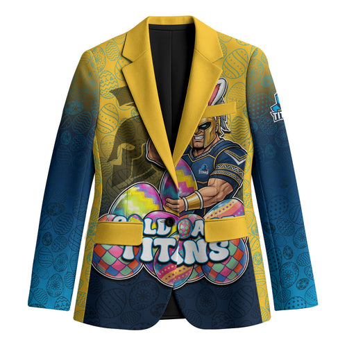 Personalized Gold Coast Titans Blazer Easter Mascot - Colorful Eggs Cartoon Style