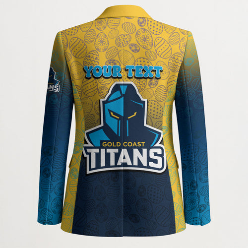 Personalized Gold Coast Titans Blazer Easter Mascot - Colorful Eggs Cartoon Style