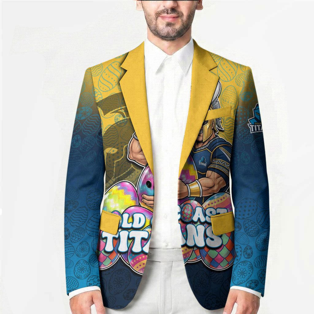 Personalized Gold Coast Titans Blazer Easter Mascot - Colorful Eggs Cartoon Style