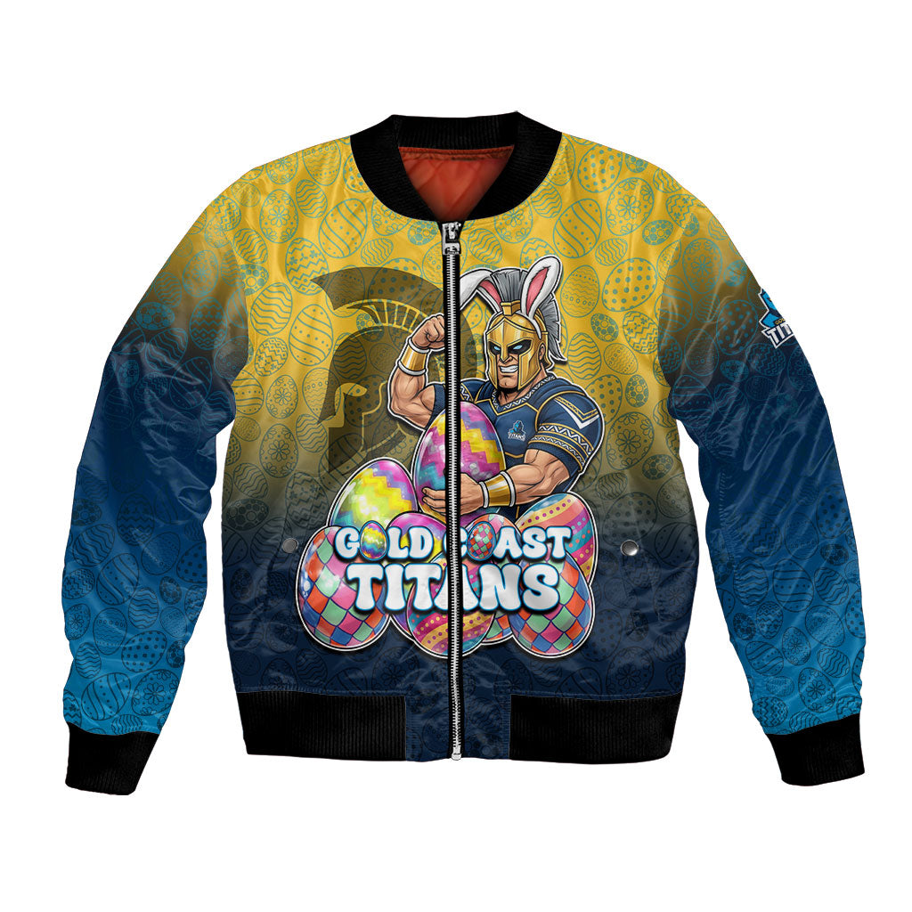 Personalized Gold Coast Titans Bomber Jacket Easter Mascot - Colorful Eggs Cartoon Style