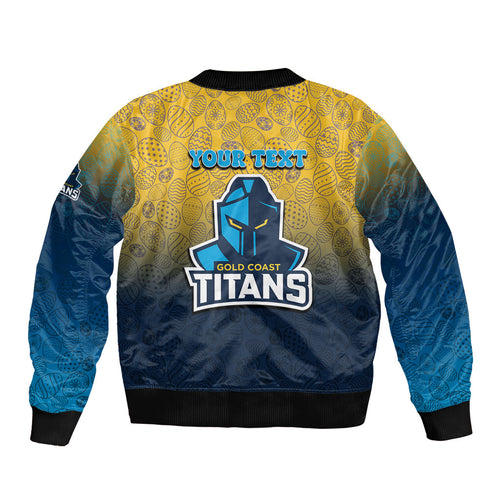 Personalized Gold Coast Titans Bomber Jacket Easter Mascot - Colorful Eggs Cartoon Style
