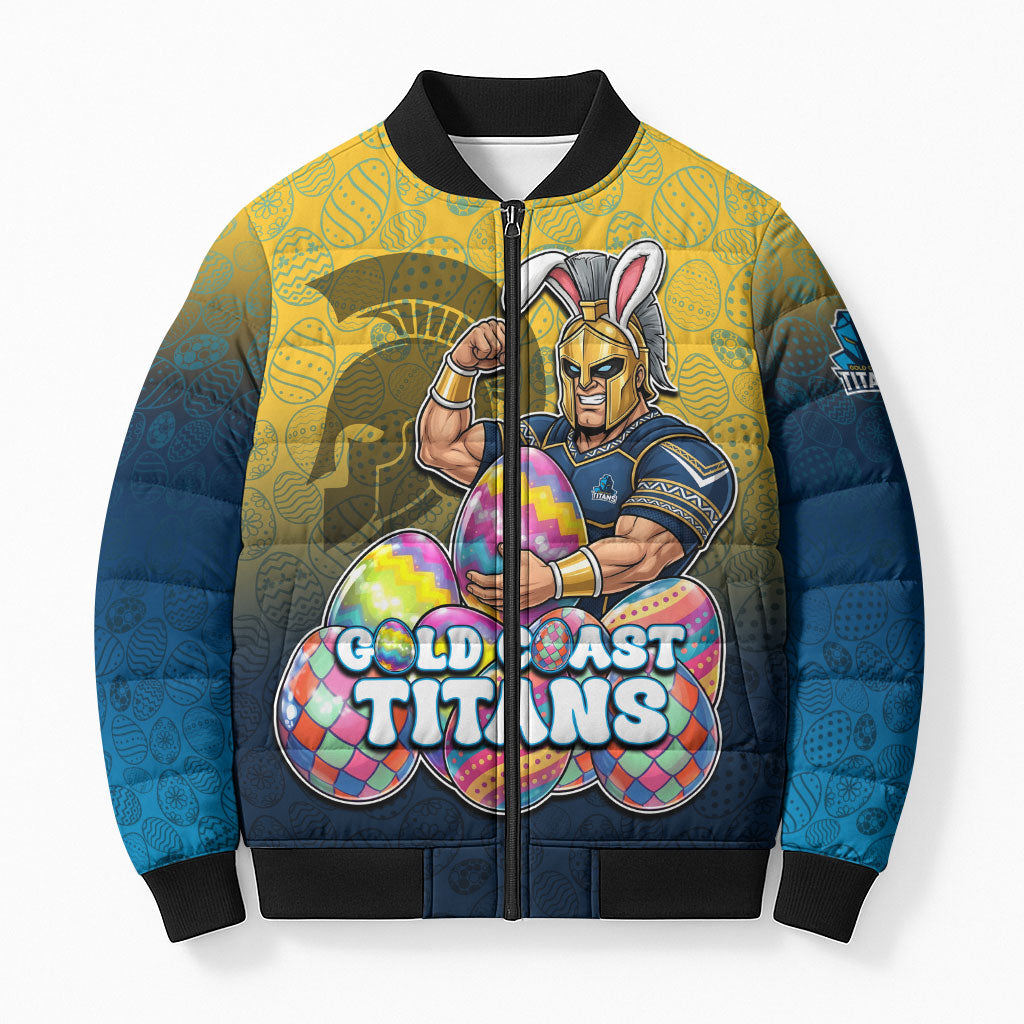 Personalized Gold Coast Titans Bomber Puffer Jacket Easter Mascot - Colorful Eggs Cartoon Style