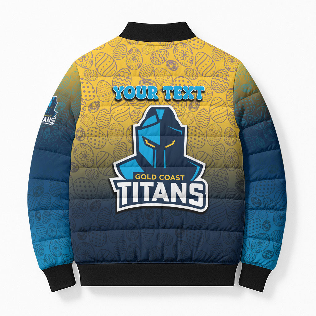 Personalized Gold Coast Titans Bomber Puffer Jacket Easter Mascot - Colorful Eggs Cartoon Style