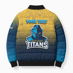 Personalized Gold Coast Titans Bomber Puffer Jacket Easter Mascot - Colorful Eggs Cartoon Style