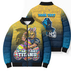 Personalized Gold Coast Titans Bomber Puffer Jacket Easter Mascot - Colorful Eggs Cartoon Style