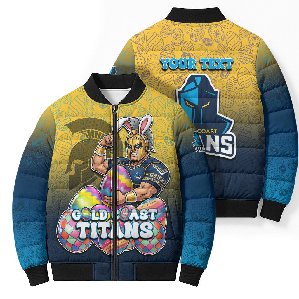 Personalized Gold Coast Titans Bomber Puffer Jacket Easter Mascot - Colorful Eggs Cartoon Style
