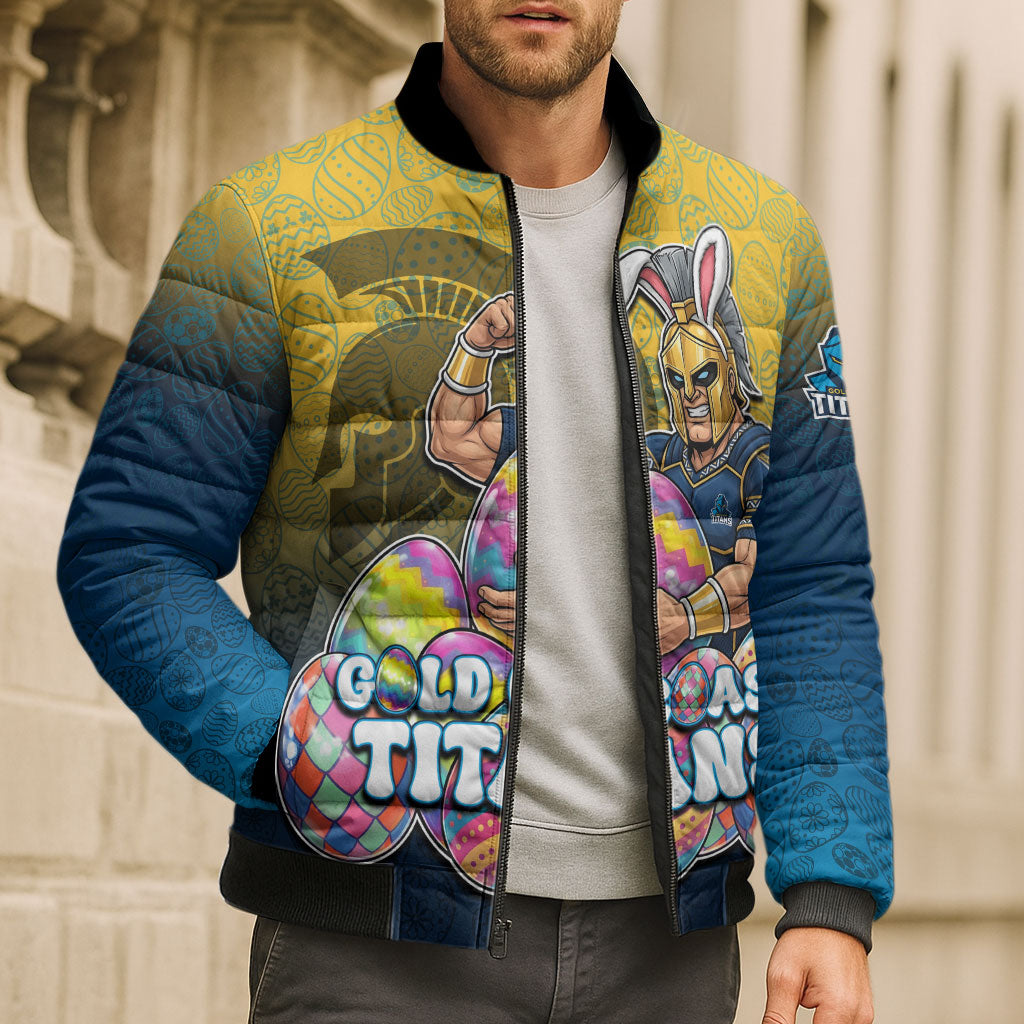 Personalized Gold Coast Titans Bomber Puffer Jacket Easter Mascot - Colorful Eggs Cartoon Style