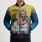 Personalized Gold Coast Titans Bomber Puffer Jacket Easter Mascot - Colorful Eggs Cartoon Style