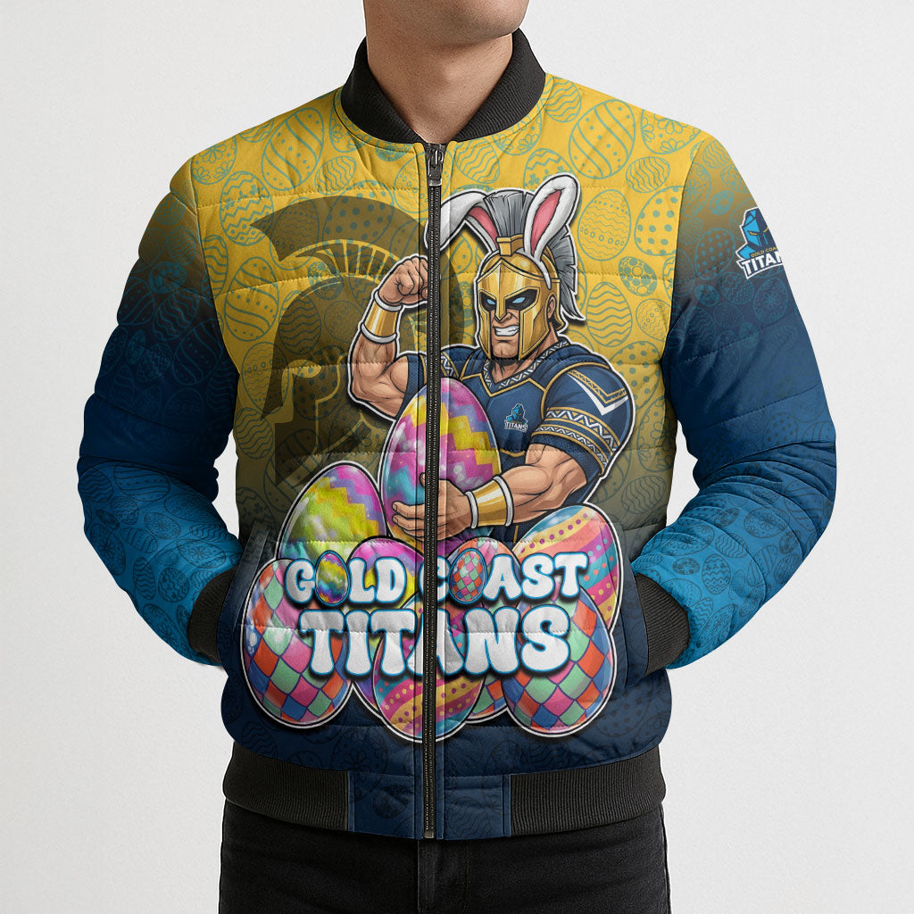 Personalized Gold Coast Titans Bomber Puffer Jacket Easter Mascot - Colorful Eggs Cartoon Style