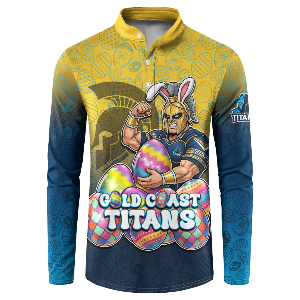 Personalized Gold Coast Titans Button Sweatshirt Easter Mascot - Colorful Eggs Cartoon Style