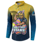 Personalized Gold Coast Titans Button Sweatshirt Easter Mascot - Colorful Eggs Cartoon Style