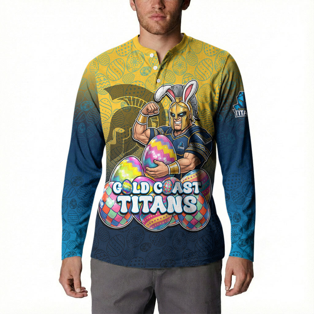 Personalized Gold Coast Titans Button Sweatshirt Easter Mascot - Colorful Eggs Cartoon Style