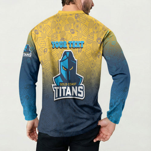 Personalized Gold Coast Titans Button Sweatshirt Easter Mascot - Colorful Eggs Cartoon Style