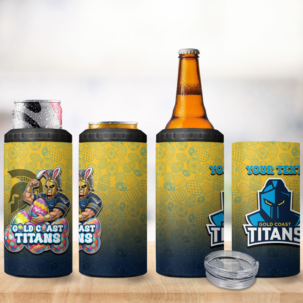 Personalized Gold Coast Titans 4 in 1 Can Cooler Tumbler Easter Mascot - Colorful Eggs Cartoon Style
