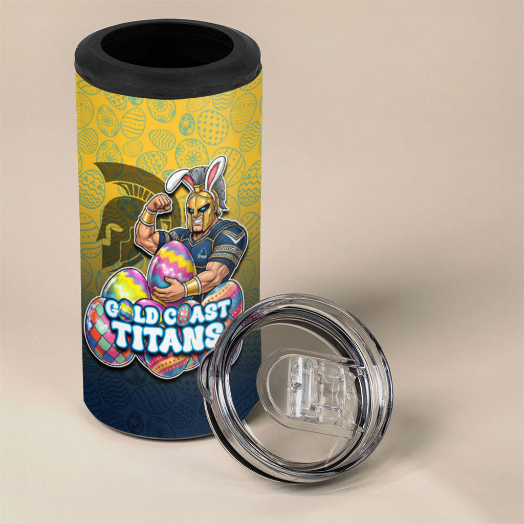 Personalized Gold Coast Titans 4 in 1 Can Cooler Tumbler Easter Mascot - Colorful Eggs Cartoon Style