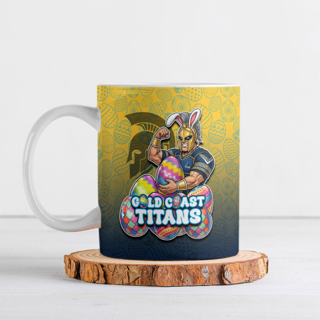 Personalized Gold Coast Titans Ceramic Mug Easter Mascot - Colorful Eggs Cartoon Style