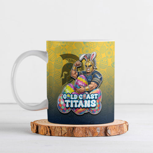 Personalized Gold Coast Titans Ceramic Mug Easter Mascot - Colorful Eggs Cartoon Style