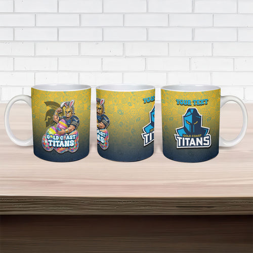 Personalized Gold Coast Titans Ceramic Mug Easter Mascot - Colorful Eggs Cartoon Style