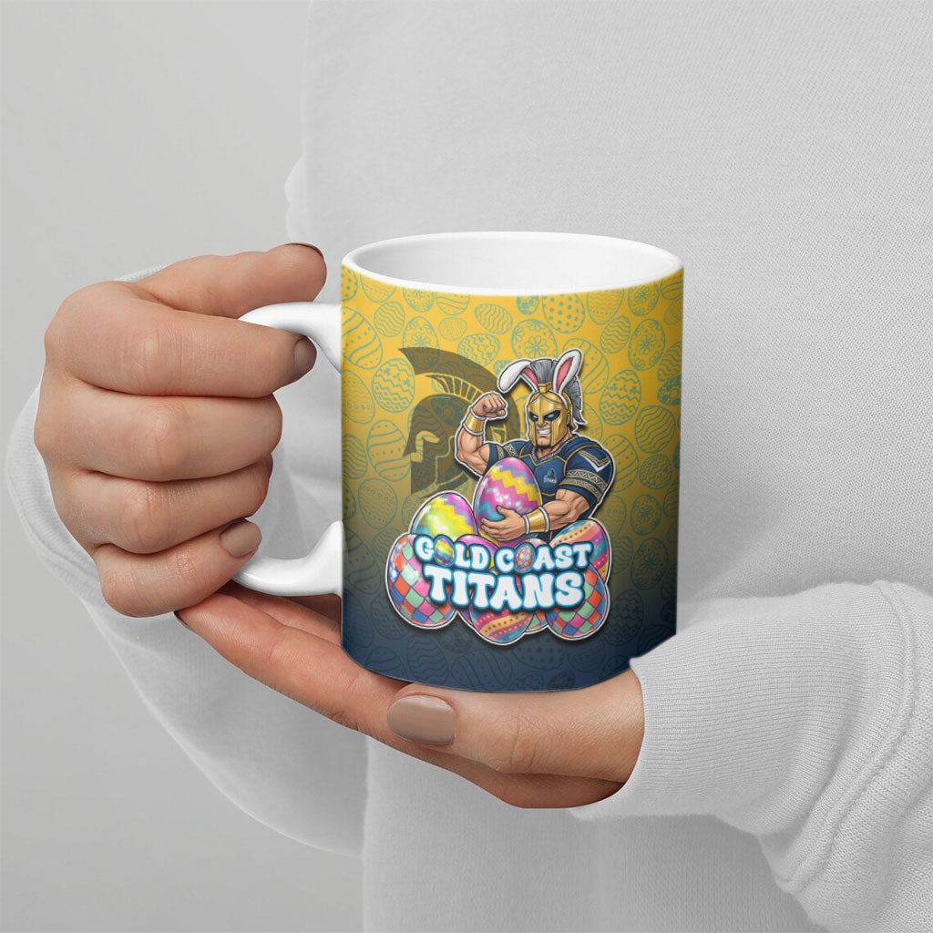 Personalized Gold Coast Titans Ceramic Mug Easter Mascot - Colorful Eggs Cartoon Style