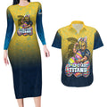 Personalized Gold Coast Titans Couples Matching Long Sleeve Bodycon Dress and Hawaiian Shirt Easter Mascot - Colorful Eggs Cartoon Style