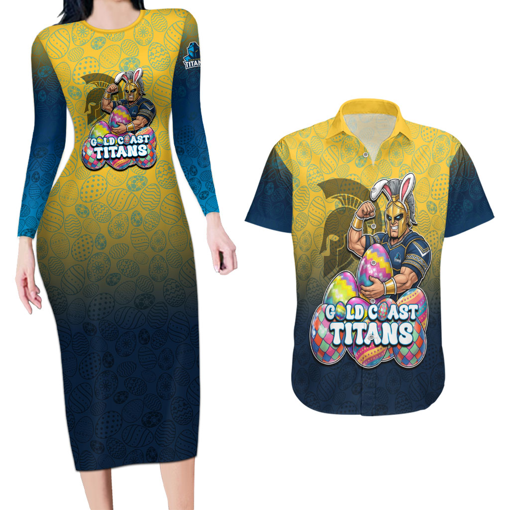 Personalized Gold Coast Titans Couples Matching Long Sleeve Bodycon Dress and Hawaiian Shirt Easter Mascot - Colorful Eggs Cartoon Style