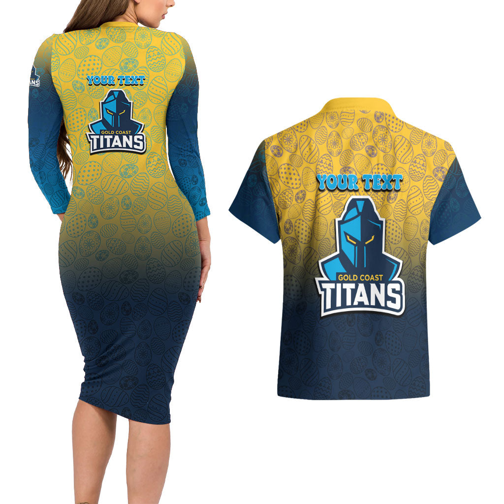 Personalized Gold Coast Titans Couples Matching Long Sleeve Bodycon Dress and Hawaiian Shirt Easter Mascot - Colorful Eggs Cartoon Style