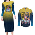 Personalized Gold Coast Titans Couples Matching Long Sleeve Bodycon Dress and Long Sleeve Button Shirt Easter Mascot - Colorful Eggs Cartoon Style