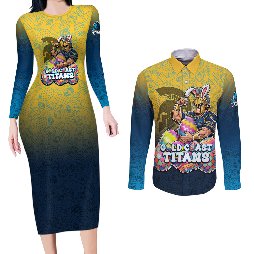 Personalized Gold Coast Titans Couples Matching Long Sleeve Bodycon Dress and Long Sleeve Button Shirt Easter Mascot - Colorful Eggs Cartoon Style