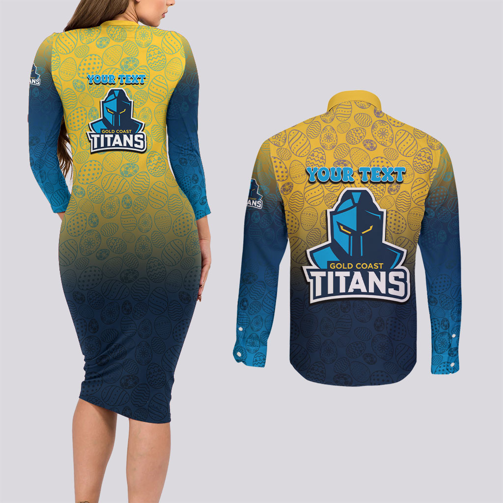 Personalized Gold Coast Titans Couples Matching Long Sleeve Bodycon Dress and Long Sleeve Button Shirt Easter Mascot - Colorful Eggs Cartoon Style