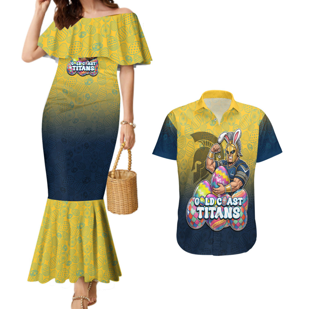 Personalized Gold Coast Titans Couples Matching Mermaid Dress and Hawaiian Shirt Easter Mascot - Colorful Eggs Cartoon Style