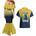 Personalized Gold Coast Titans Couples Matching Mermaid Dress and Hawaiian Shirt Easter Mascot - Colorful Eggs Cartoon Style