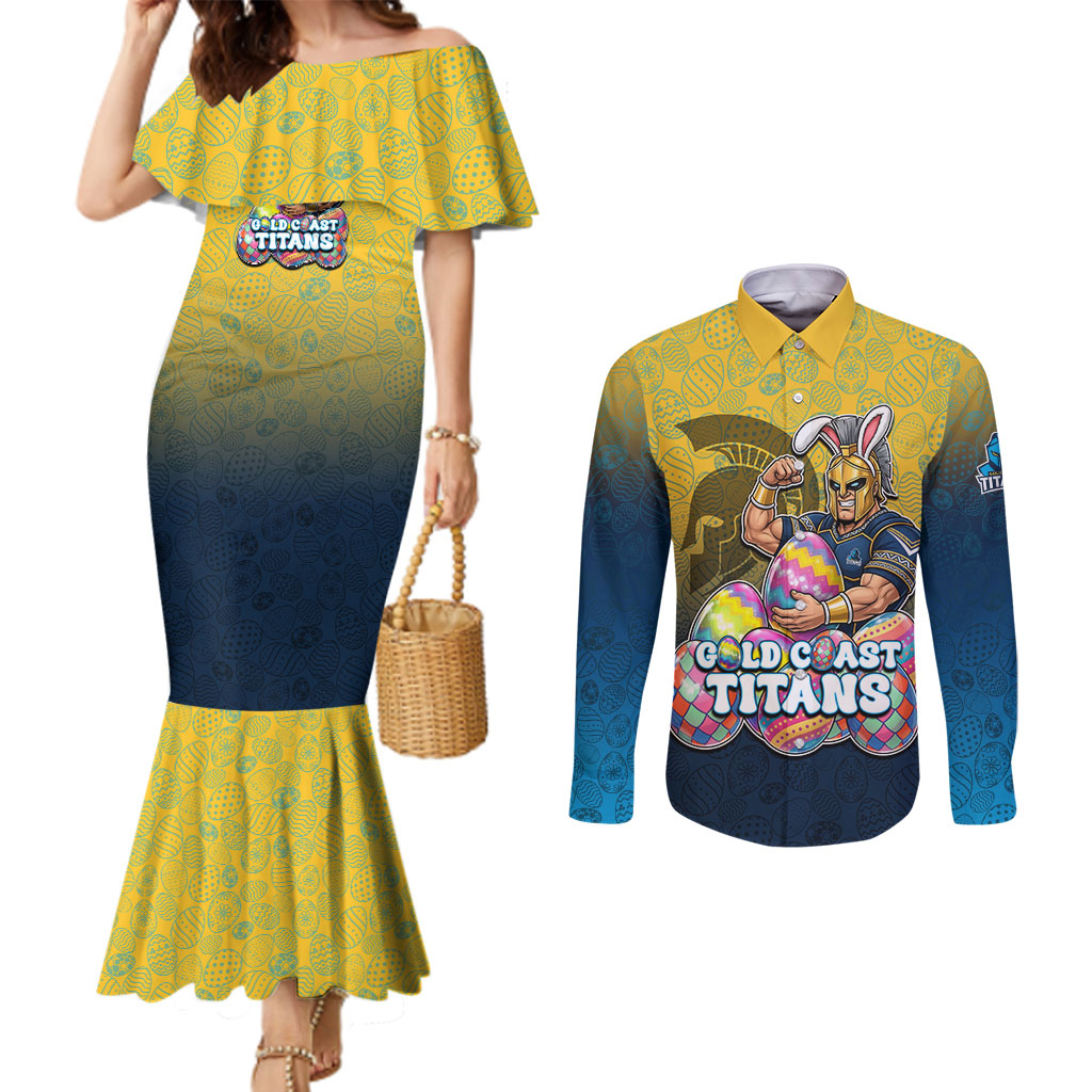 Personalized Gold Coast Titans Couples Matching Mermaid Dress and Long Sleeve Button Shirt Easter Mascot - Colorful Eggs Cartoon Style