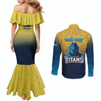 Personalized Gold Coast Titans Couples Matching Mermaid Dress and Long Sleeve Button Shirt Easter Mascot - Colorful Eggs Cartoon Style
