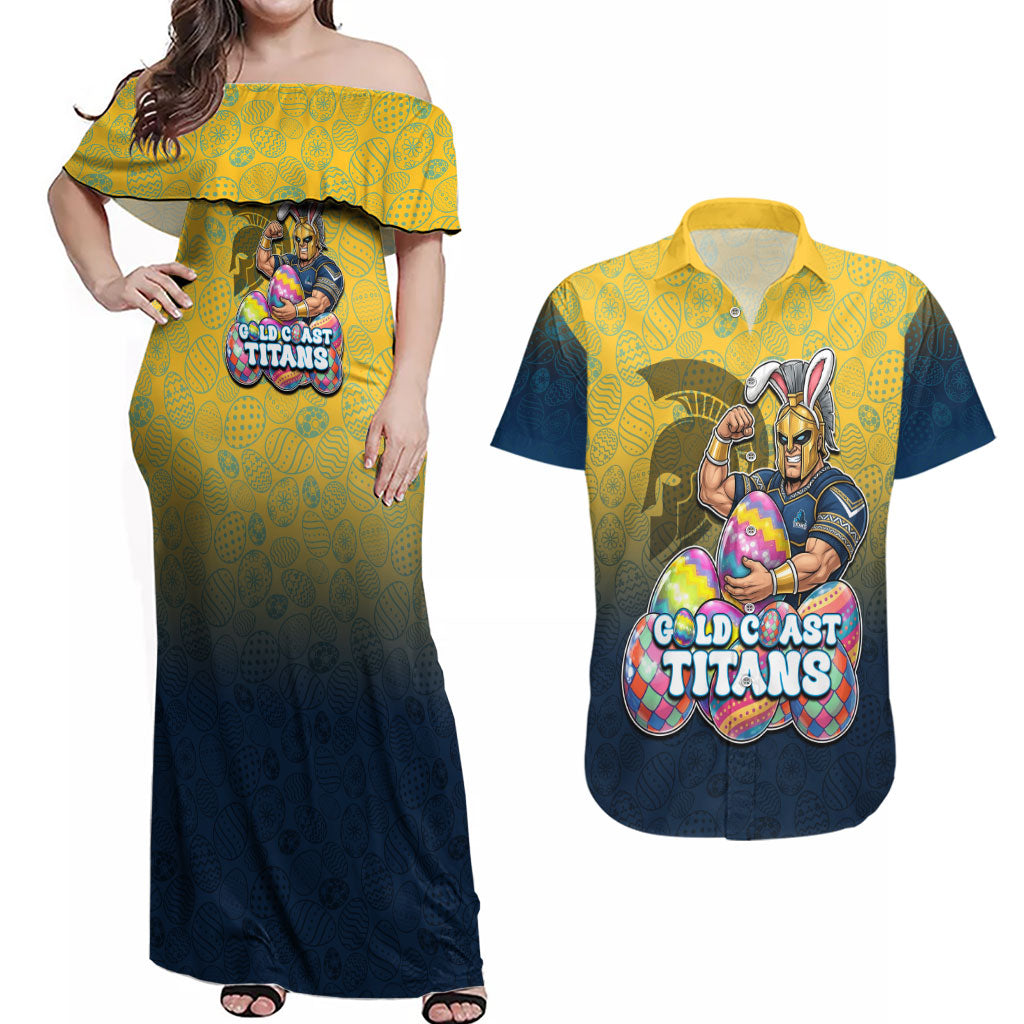 Personalized Gold Coast Titans Couples Matching Off Shoulder Maxi Dress and Hawaiian Shirt Easter Mascot - Colorful Eggs Cartoon Style