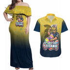Personalized Gold Coast Titans Couples Matching Off Shoulder Maxi Dress and Hawaiian Shirt Easter Mascot - Colorful Eggs Cartoon Style
