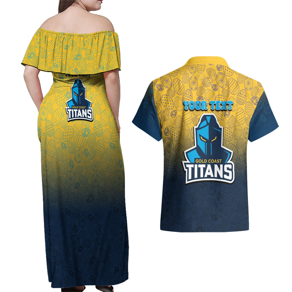 Personalized Gold Coast Titans Couples Matching Off Shoulder Maxi Dress and Hawaiian Shirt Easter Mascot - Colorful Eggs Cartoon Style