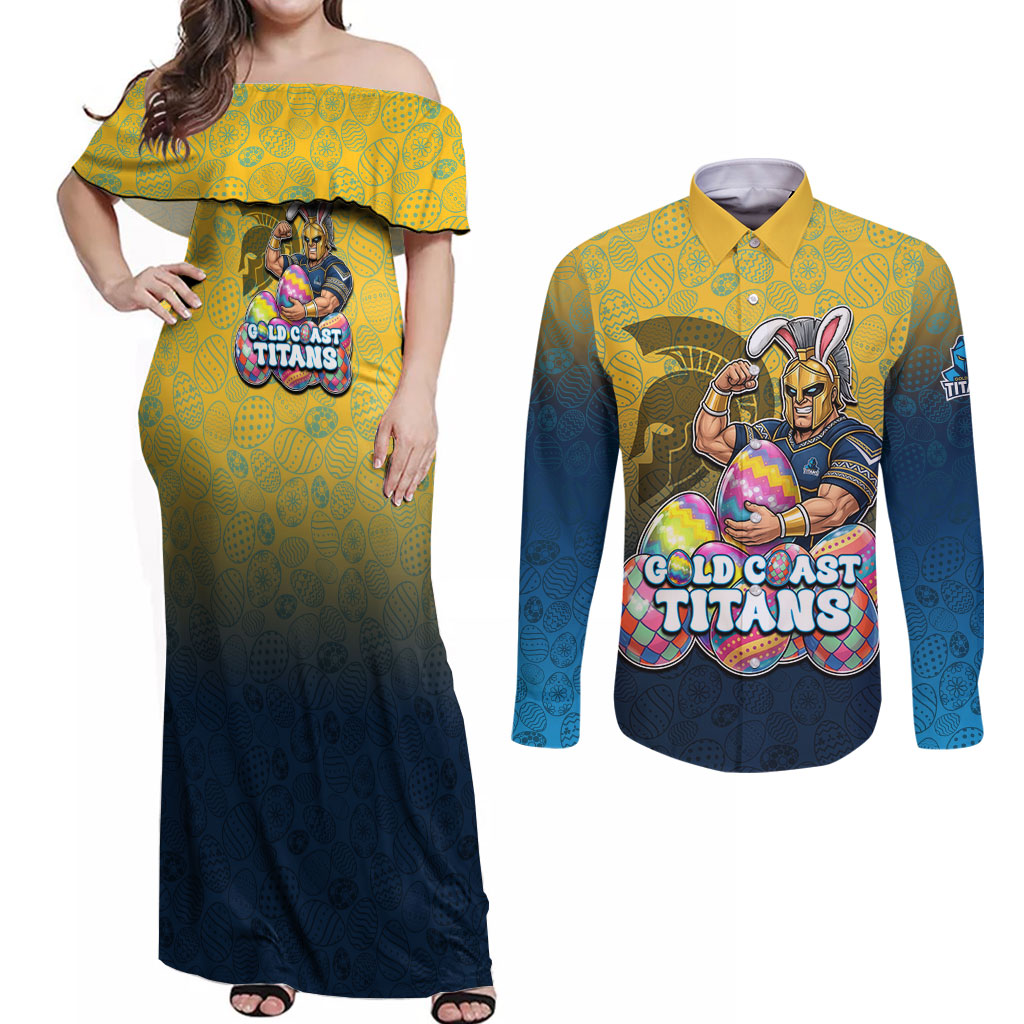 Personalized Gold Coast Titans Couples Matching Off Shoulder Maxi Dress and Long Sleeve Button Shirt Easter Mascot - Colorful Eggs Cartoon Style