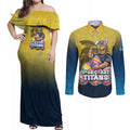 Personalized Gold Coast Titans Couples Matching Off Shoulder Maxi Dress and Long Sleeve Button Shirt Easter Mascot - Colorful Eggs Cartoon Style