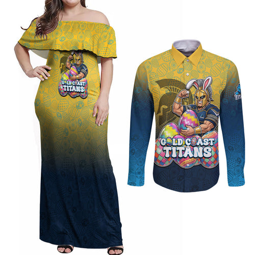 Personalized Gold Coast Titans Couples Matching Off Shoulder Maxi Dress and Long Sleeve Button Shirt Easter Mascot - Colorful Eggs Cartoon Style