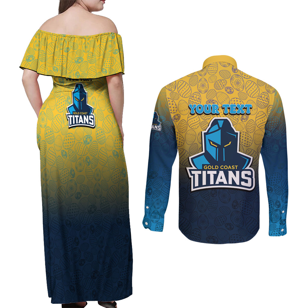 Personalized Gold Coast Titans Couples Matching Off Shoulder Maxi Dress and Long Sleeve Button Shirt Easter Mascot - Colorful Eggs Cartoon Style