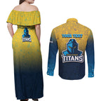 Personalized Gold Coast Titans Couples Matching Off Shoulder Maxi Dress and Long Sleeve Button Shirt Easter Mascot - Colorful Eggs Cartoon Style