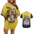Personalized Gold Coast Titans Couples Matching Off Shoulder Short Dress and Hawaiian Shirt Easter Mascot - Colorful Eggs Cartoon Style