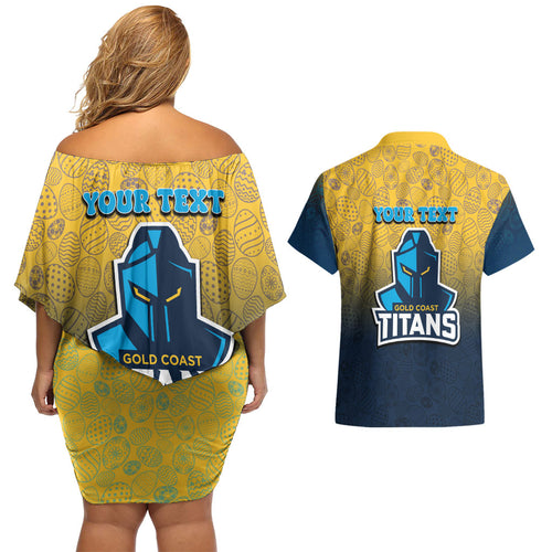 Personalized Gold Coast Titans Couples Matching Off Shoulder Short Dress and Hawaiian Shirt Easter Mascot - Colorful Eggs Cartoon Style