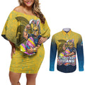 Personalized Gold Coast Titans Couples Matching Off Shoulder Short Dress and Long Sleeve Button Shirt Easter Mascot - Colorful Eggs Cartoon Style