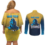 Personalized Gold Coast Titans Couples Matching Off Shoulder Short Dress and Long Sleeve Button Shirt Easter Mascot - Colorful Eggs Cartoon Style