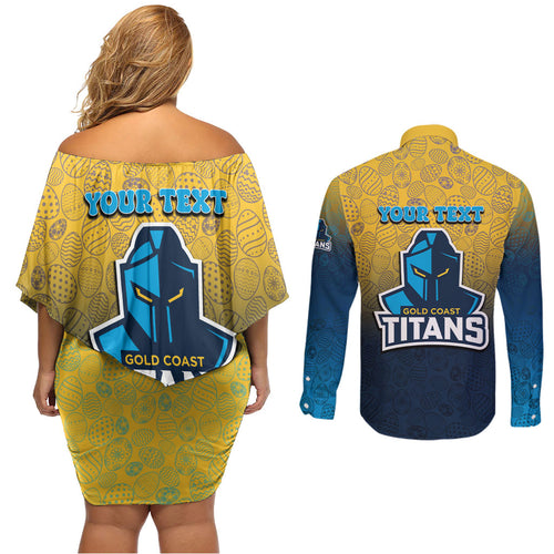 Personalized Gold Coast Titans Couples Matching Off Shoulder Short Dress and Long Sleeve Button Shirt Easter Mascot - Colorful Eggs Cartoon Style