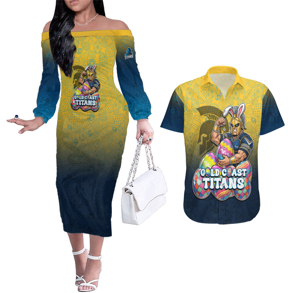 Personalized Gold Coast Titans Couples Matching Off The Shoulder Long Sleeve Dress and Hawaiian Shirt Easter Mascot - Colorful Eggs Cartoon Style